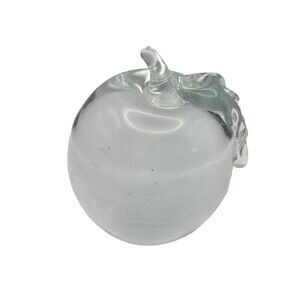 VTG Art Glass Apple Paperweight Clear with Stem  SIGNED GW 4 Inches